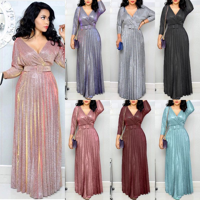 Women's Swing Dress Elegant V Neck Long Sleeve Solid Color Maxi Long Dress Banquet