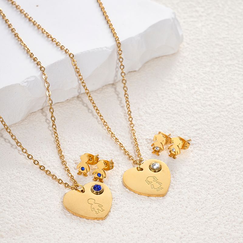 304 Stainless Steel Gold Plated Cute Simple Style Plating Inlay Human Heart Shape Zircon Earrings Necklace