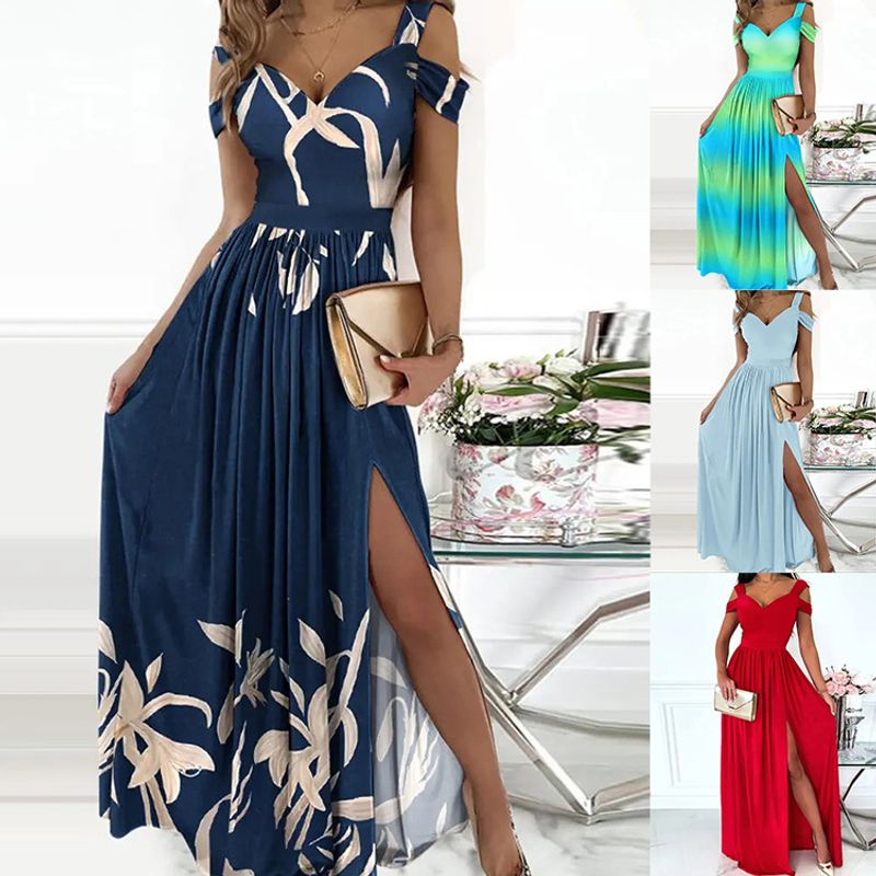 Women's Slit Dress Sexy Printing Sleeveless Gradient Color Solid Color Maxi Long Dress Banquet