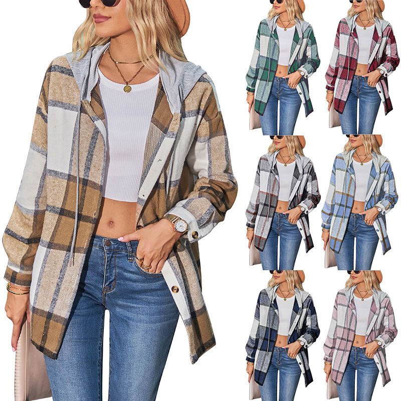 Women's Casual Plaid Pocket Single Breasted Coat