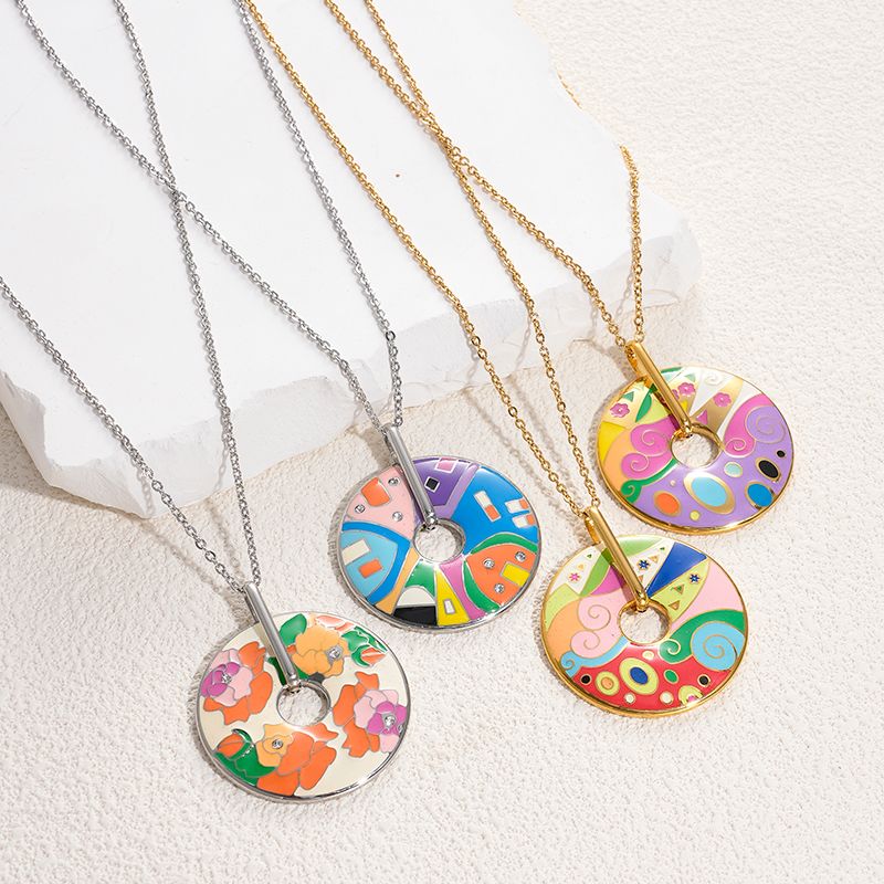 304 Stainless Steel Gold Plated Bohemian Artistic Enamel Plating Color Block Flower Earrings Necklace