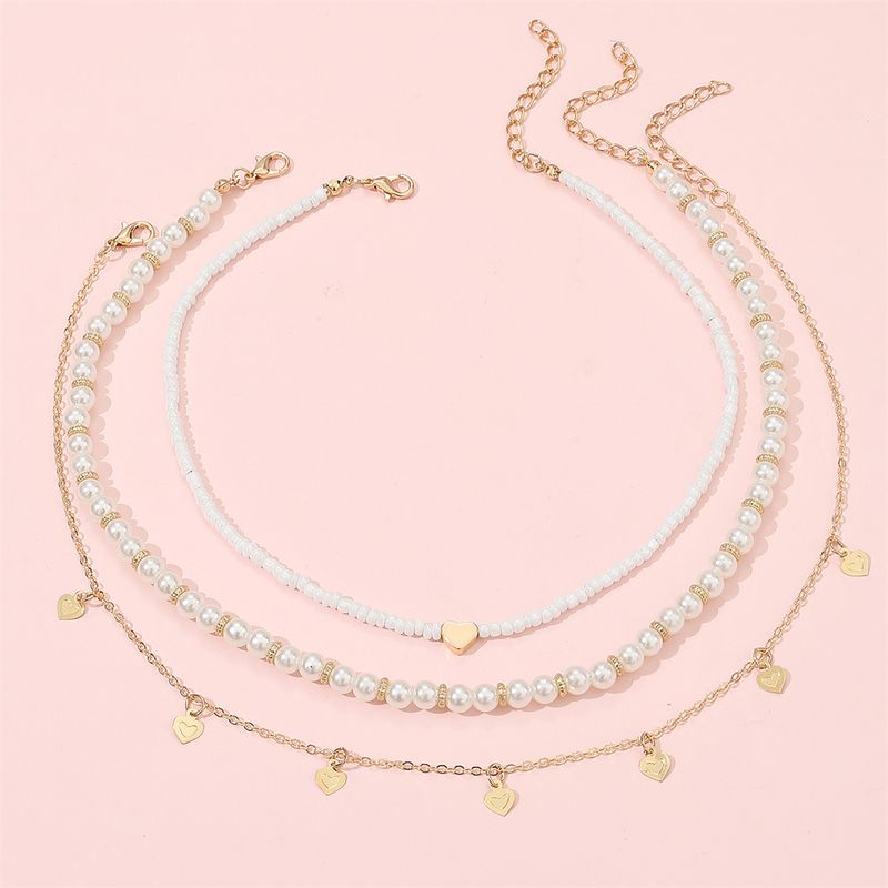 Cute Sweet Heart Shape Artificial Pearl Alloy Beaded Girl's Necklace