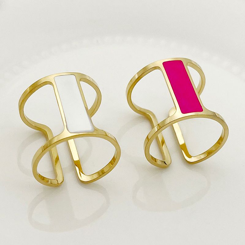 304 Stainless Steel 14K Gold Plated Novelty Simple Style Roman Style Enamel Plating Hollow Out Rectangle Open Rings