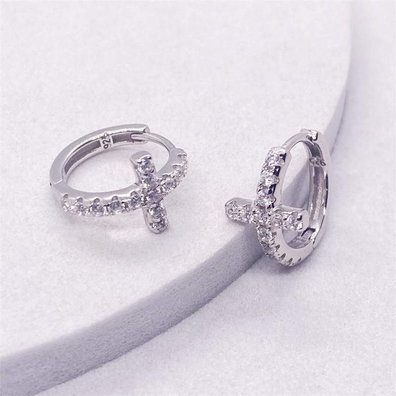 1 Pair Elegant Shiny Cross Inlay Sterling Silver Zircon Earrings