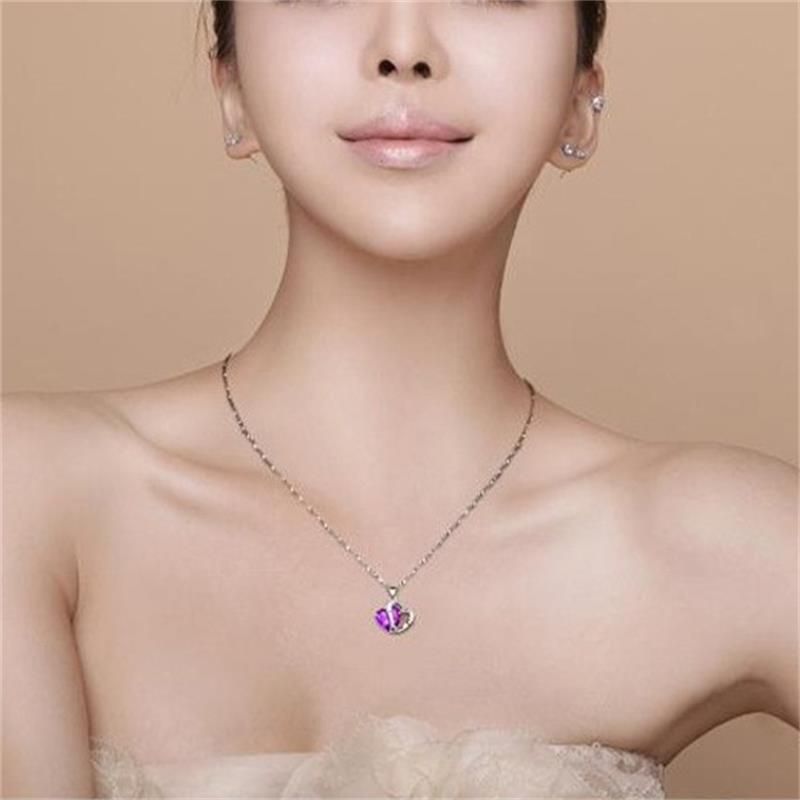 Elegant Shiny Heart Shape Sterling Silver Inlay Zircon Charms Pendant Necklace