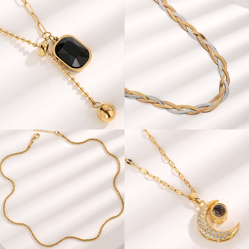 Vintage Style Luxurious Roman Style Moon Rectangle Titanium Steel Plating Inlay Resin Zircon Gold Plated Pendant Necklace