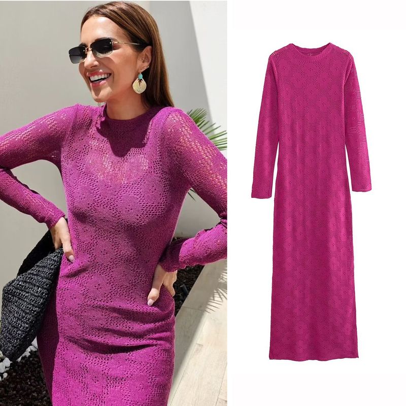 Women's Sheath Dress Sexy Round Neck Hollow Out Long Sleeve Solid Color Maxi Long Dress Street