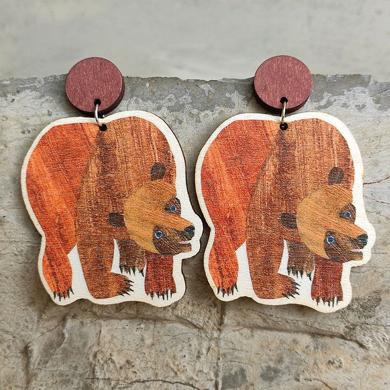 1 Paire Mignon Ours Bois Boucles D'oreilles