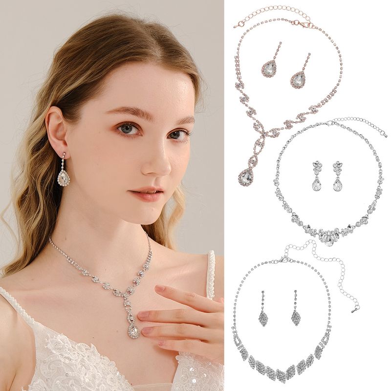 Wholesale Jewelry Elegant Romantic Shiny Water Droplets Heart Shape Rhinestone Zircon Inlay Earrings Necklace