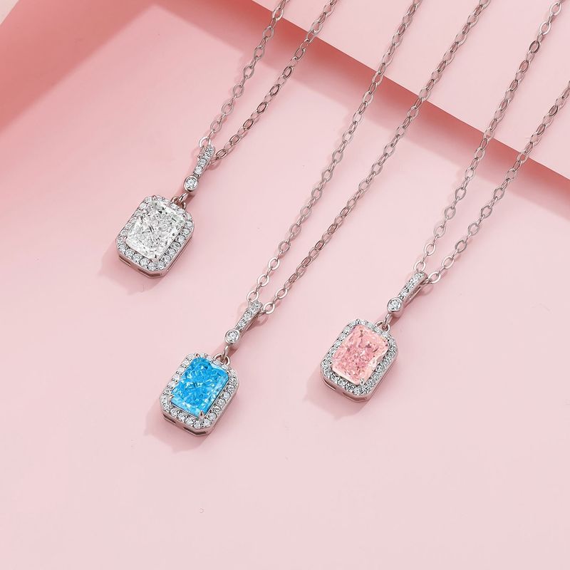 Ig Style Lady Korean Style Square Sterling Silver Inlay Zircon Pendant Necklace
