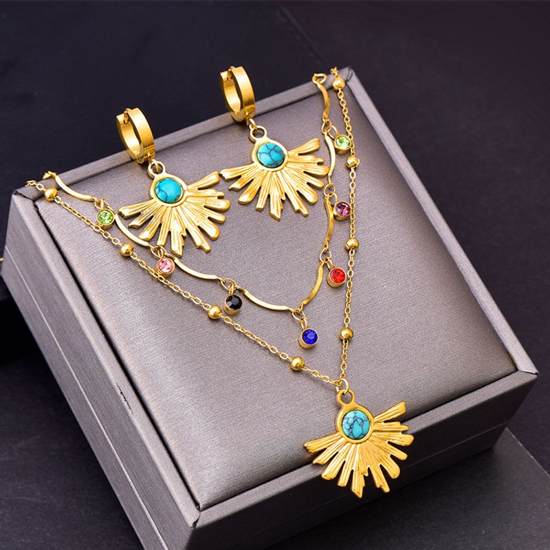 304 Stainless Steel 18K Gold Plated Retro Inlay Round Turquoise Glass Stone Earrings Necklace