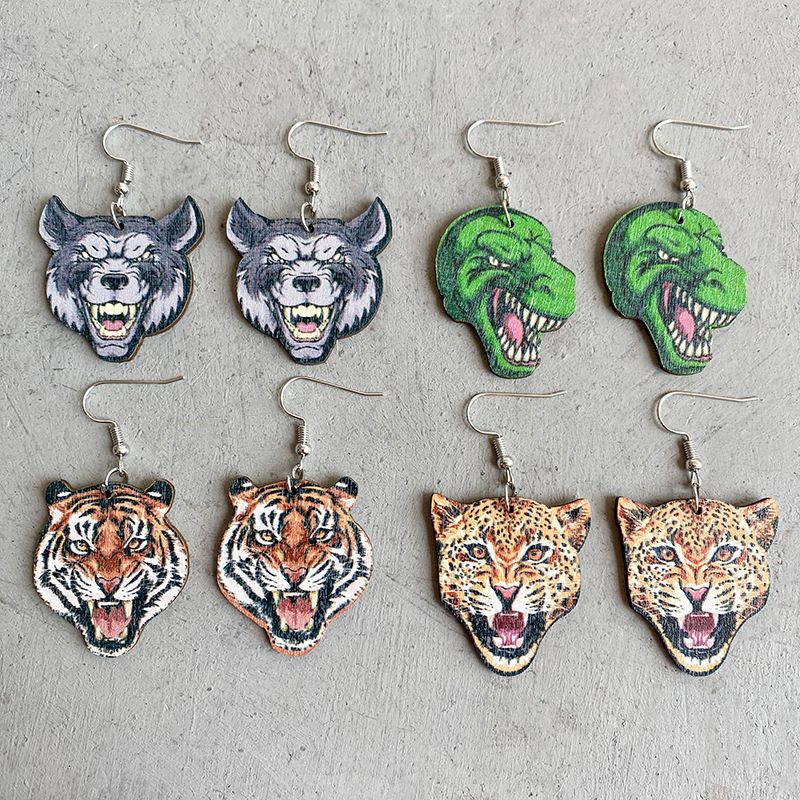 1 Pair Retro Funny Dinosaur Cheetah Tiger Wood Iron Ear Hook