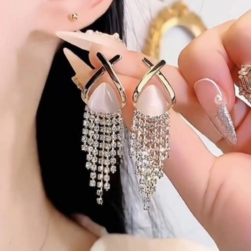 1 Pair Ig Style Korean Style Geometric Tassel Inlay Alloy Artificial Rhinestones Opal Drop Earrings