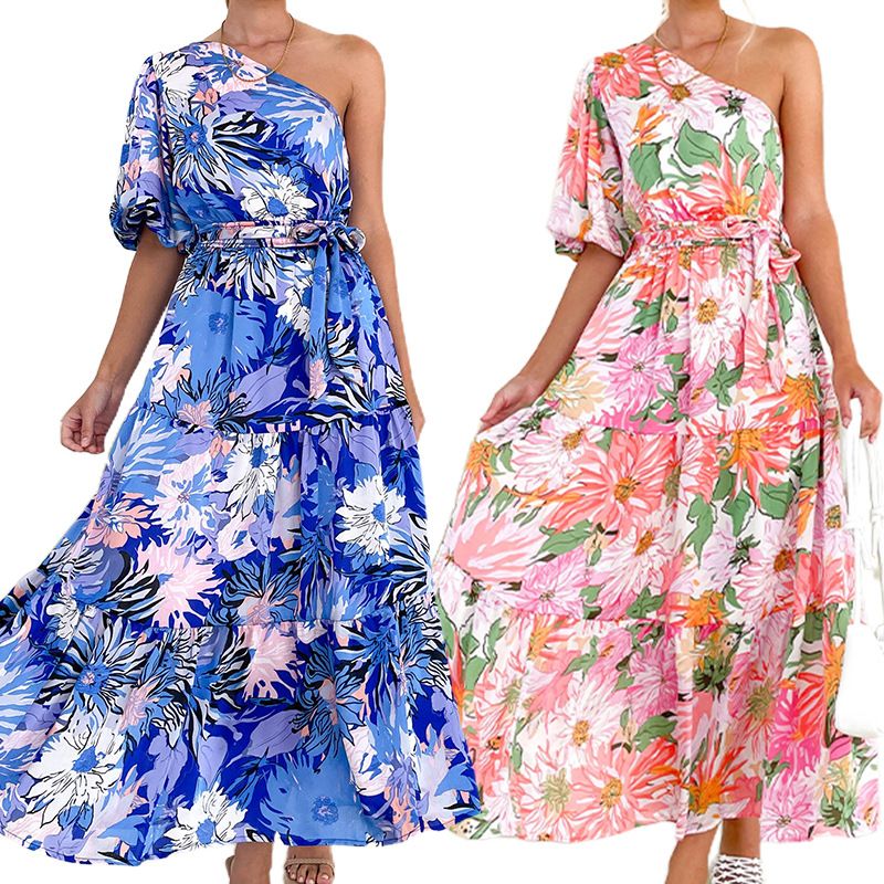 Women's Swing Dress Vacation Oblique Collar Printing Short Sleeve Flower Maxi Long Dress Holiday
