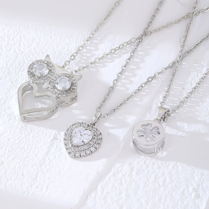 Wholesale Simple Style Round Heart Shape Owl 304 Stainless Steel Copper Plating Inlay Rhodium Plated Zircon Pendant Necklace