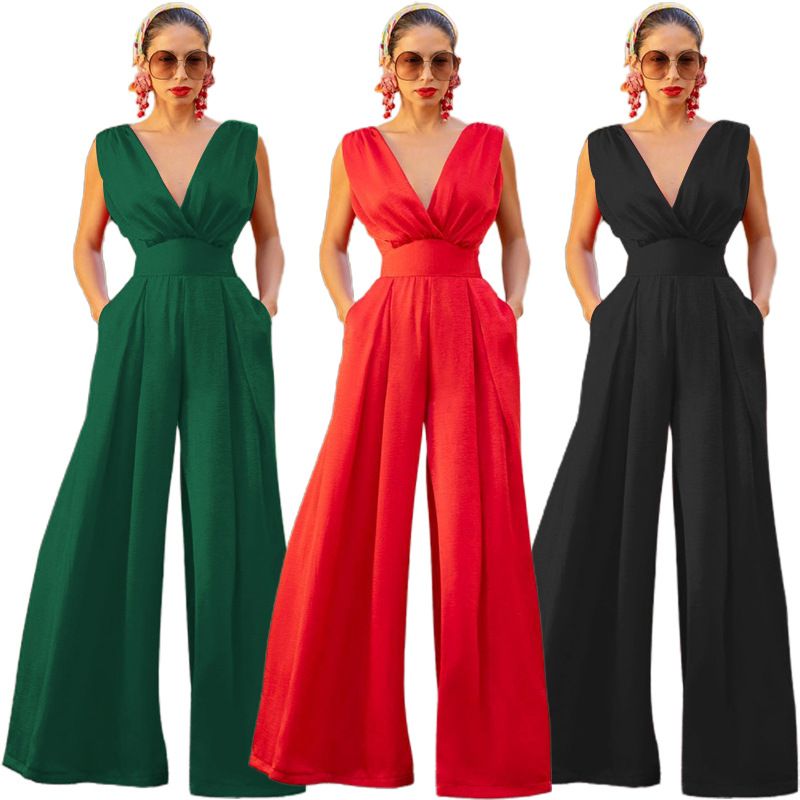 Women's Banquet Sexy Solid Color Full Length Pocket Jumpsuits