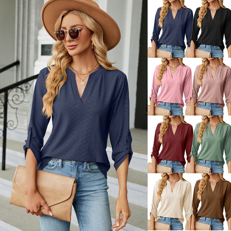 Women's T-shirt Long Sleeve T-shirts Button Simple Style Solid Color Argyle