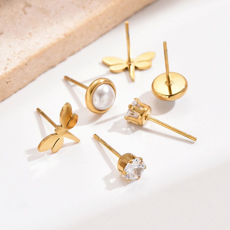 3 Pairs Sweet Simple Style Pearl Dragonfly Plating Inlay 304 Stainless Steel Artificial Pearls Zircon 14K Gold Plated Ear Studs