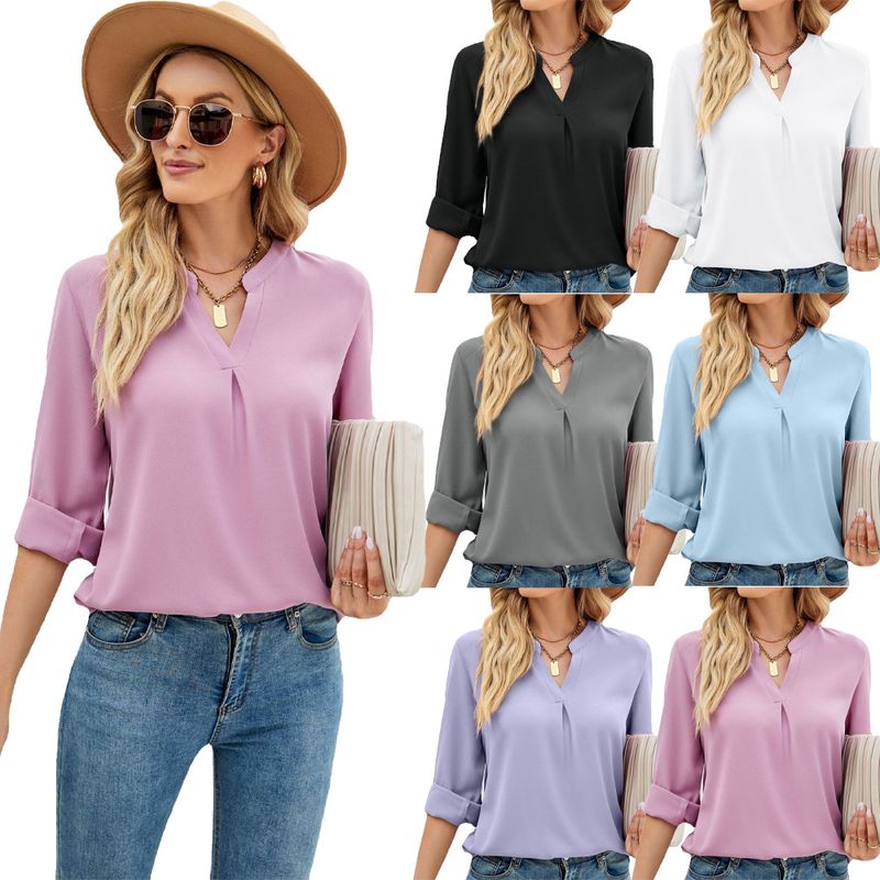 Women's Chiffon Shirt Long Sleeve Blouses Pleated Simple Style Solid Color