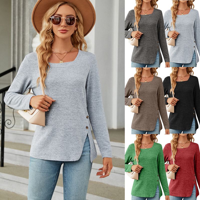 Women's T-shirt Long Sleeve T-shirts Slit Button Casual Solid Color