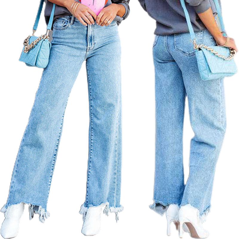 Frau Straße Mode Einfarbig In Voller Länge Gewaschen Quaste Jeans