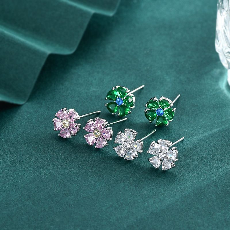 1 Set Simple Style Flower Inlay Copper Zircon Ear Studs