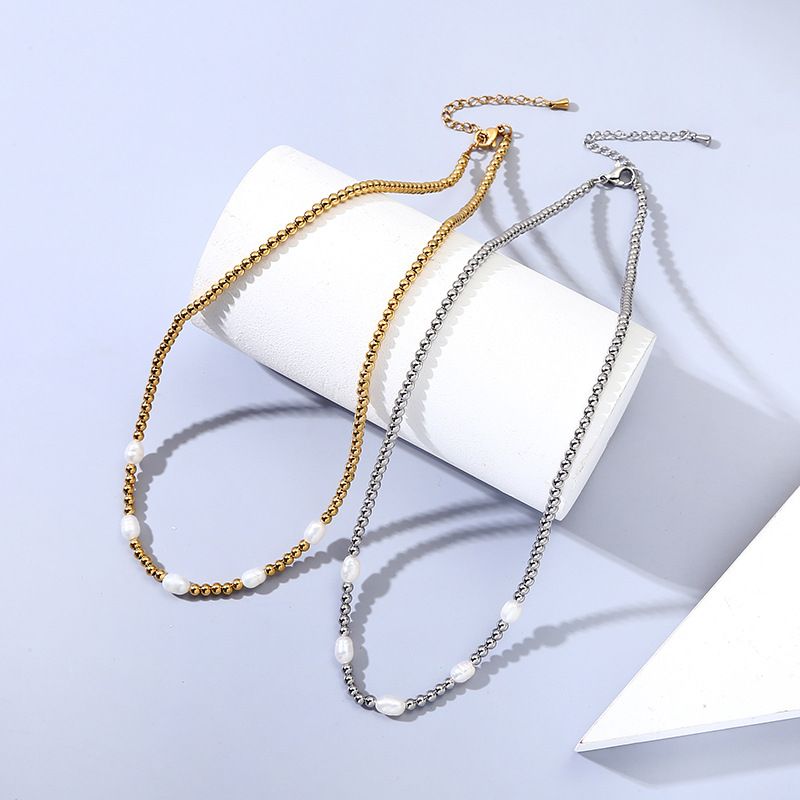 Elegant Runden Rostfreier Stahl Süßwasserperle Überzug Vergoldet Halskette