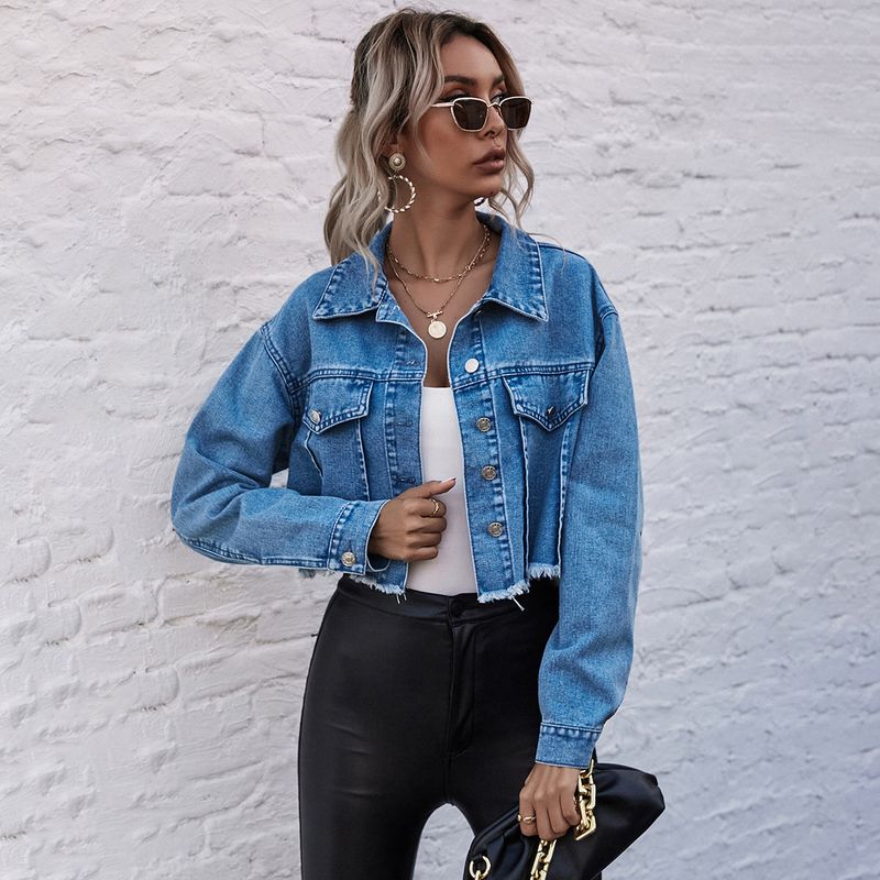 Simple Style Solid Color Outerwear Polyester Coat Denim Jacket Tops
