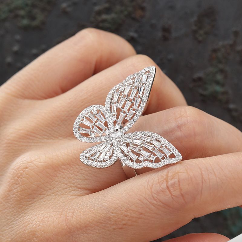 Estilo Simple Libélula Mariposa Plata Esterlina Embutido Circón Anillos