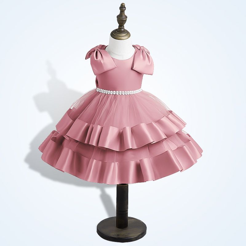 Elegant Princess Cute Solid Color Layered Bowknot Polyester Girls Dresses
