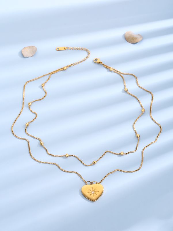 Elegant Lady Heart Shape Titanium Steel Polishing Plating Inlay Zircon 18k Gold Plated Layered Necklaces