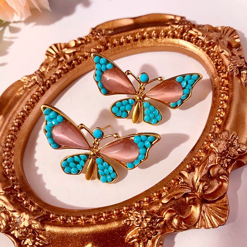 1 Pair Ethnic Style Water Droplets Butterfly Inlay Alloy Resin Earrings