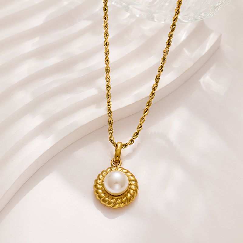 Modern Style Round Titanium Steel Inlay Artificial Gemstones Pendant Necklace