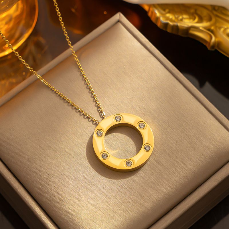 Streetwear Round Titanium Steel Plating Inlay Zircon 18k Gold Plated Pendant Necklace