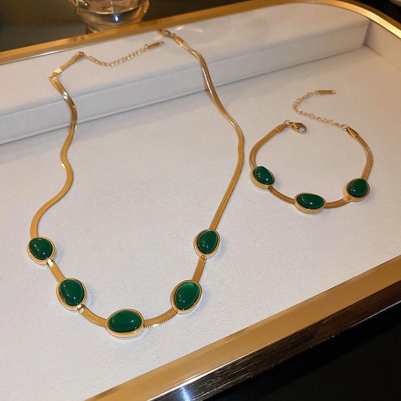Edelstahl 304 18 Karat Vergoldet Elegant Inlay Oval Stein Armbänder Ohrringe Halskette