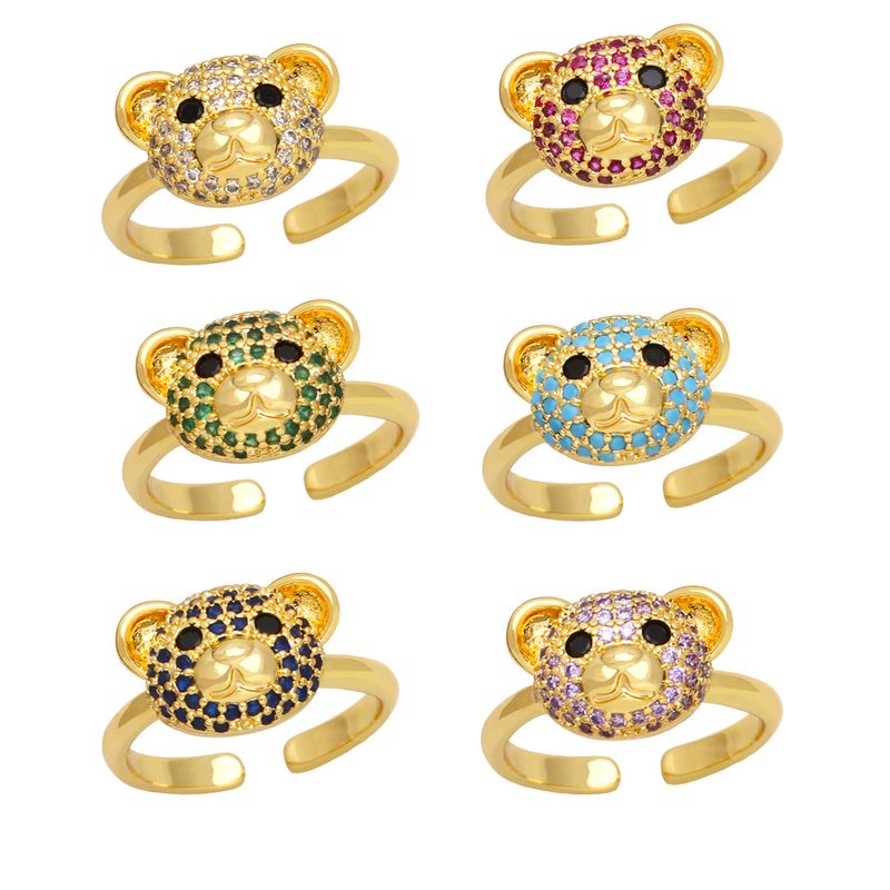 Cute Fashion Sweet Bear Copper Plating Inlay Zircon 18k Gold Plated Open Rings