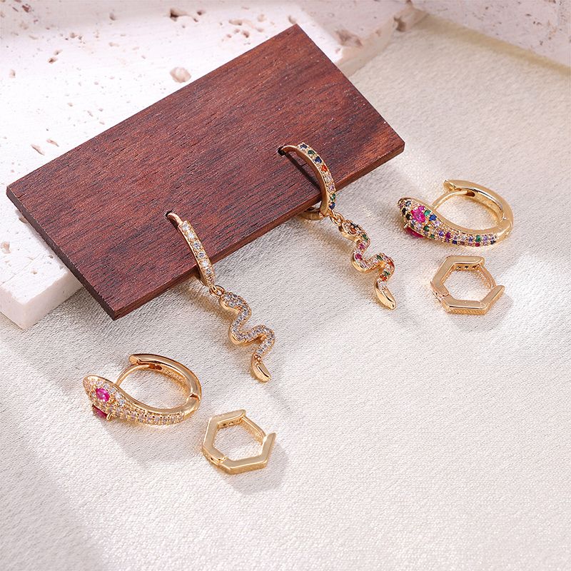 3 Pieces Exaggerated Punk Snake Plating Inlay Stainless Steel Zircon 18k Gold Plated Earrings