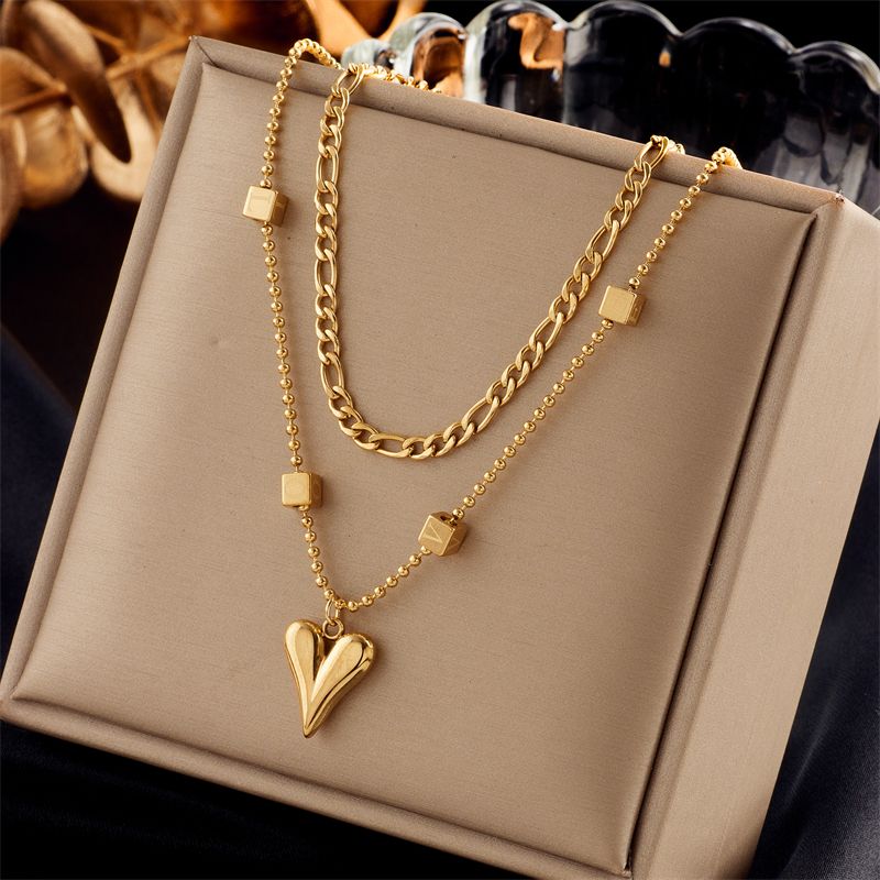 304 Stainless Steel 18K Gold Plated Korean Style Layered Plating Heart Shape Layered Necklaces
