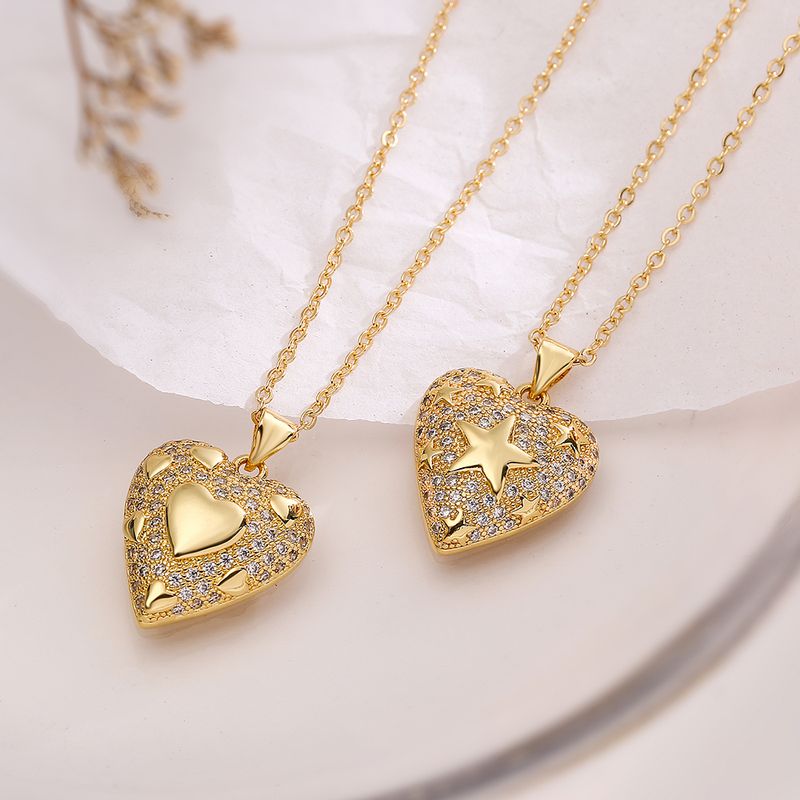 Simple Style Heart Shape Copper 18k Gold Plated Zircon Pendant Necklace In Bulk