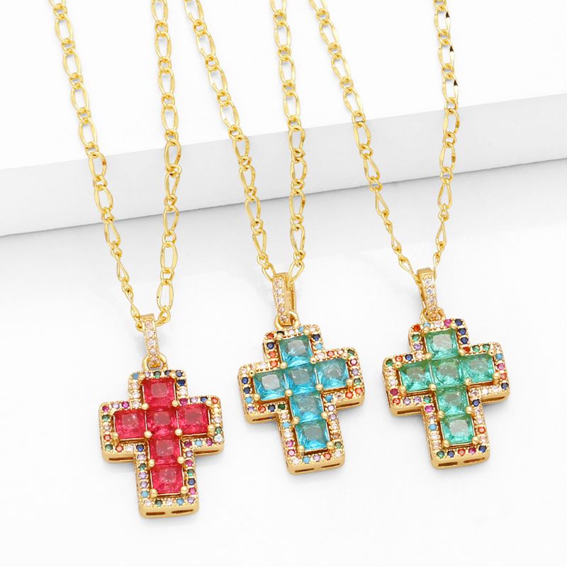 Einfacher Stil Kreuzen Kupfer 18 Karat Vergoldet Zirkon Halskette Mit Anhänger In Masse