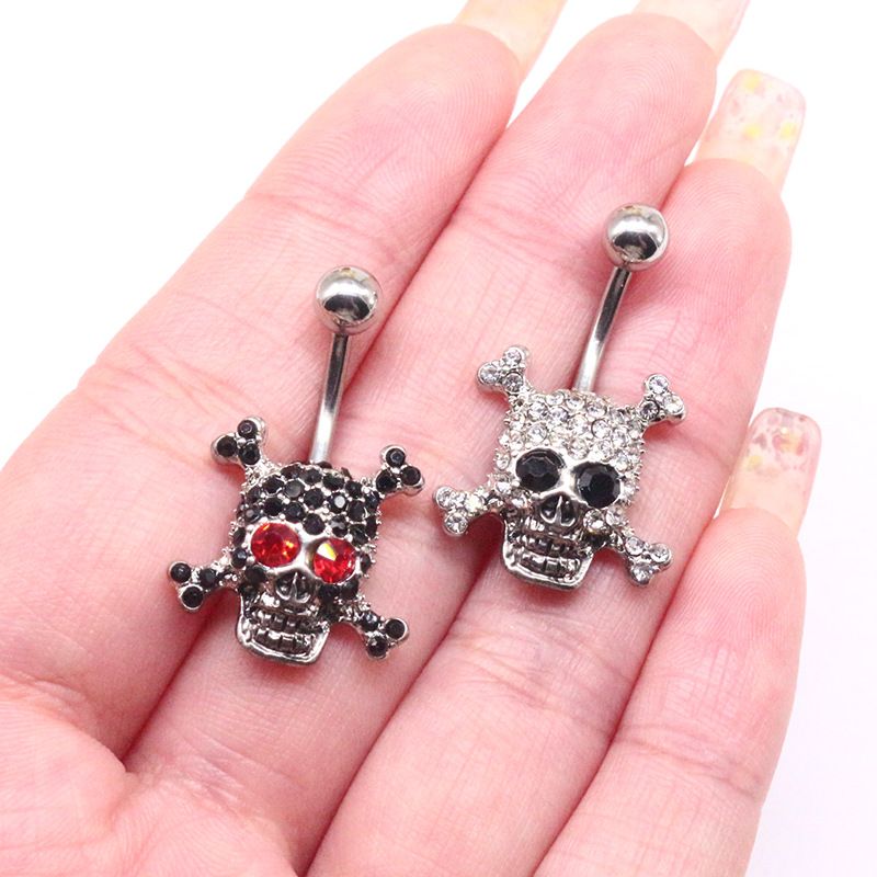 Cool Style Skull Stainless Steel Copper Epoxy Plating Inlay Rhinestones White Gold Plated Gold Plated Belly Ring