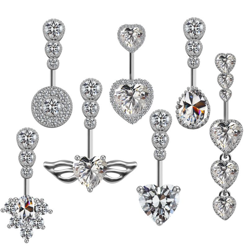 Cute Luxurious Heart Shape Stainless Steel Copper Plating Inlay Gem Rhinestones Zircon White Gold Plated Belly Ring