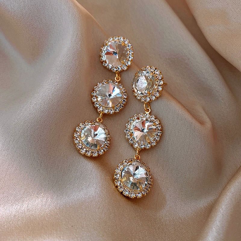 1 Pair Elegant Round Inlay Alloy Rhinestones Drop Earrings