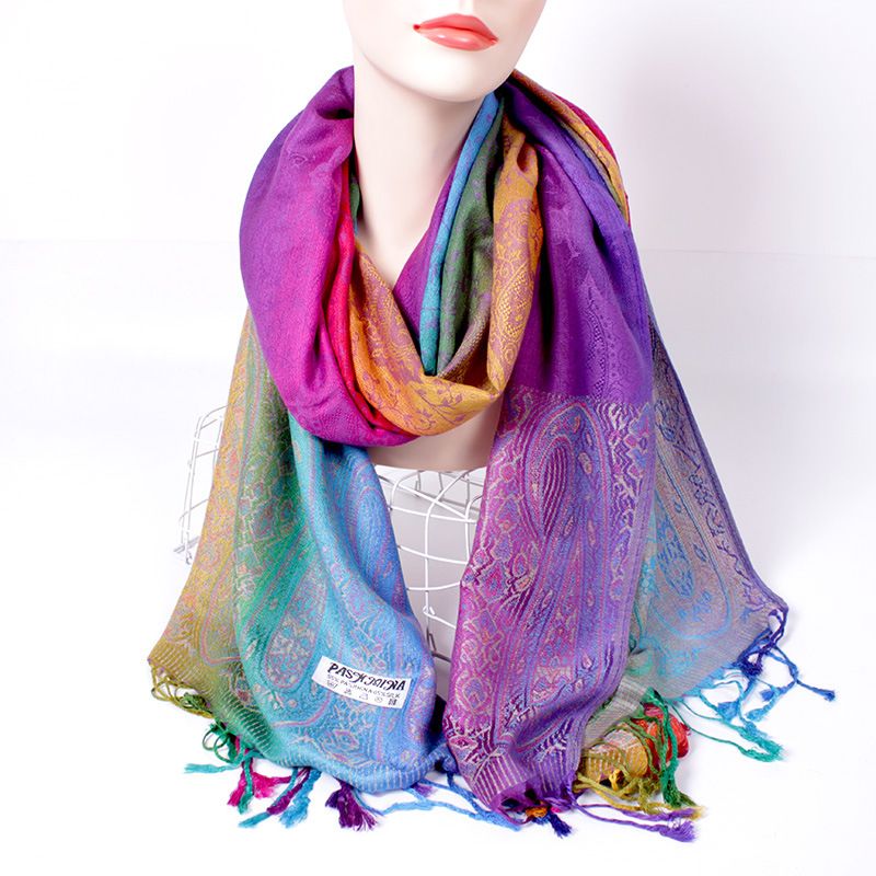 Women's Elegant Lady Multicolor Gradient Color Viscose Polyester Tassel Shawl