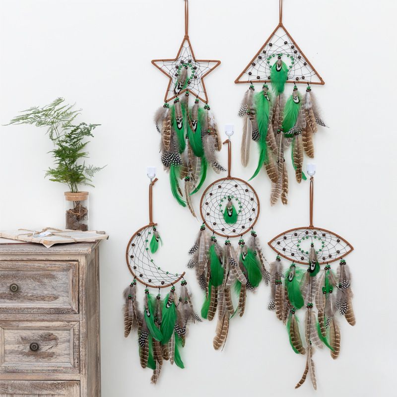 Star Moon Leather Rope Feather Iron Wind Chime Wall Art