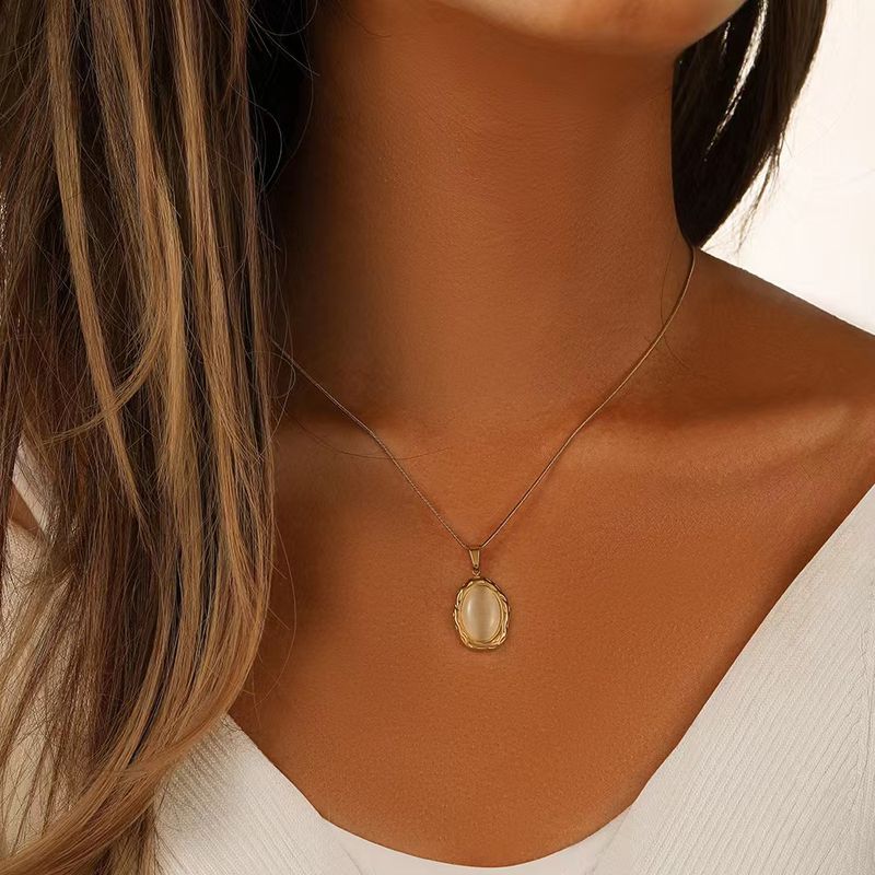 Titanium Steel 18K Gold Plated Retro Inlay Oval Opal Pendant Necklace