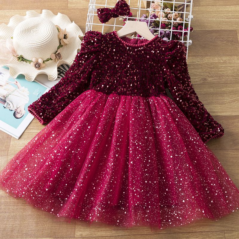 Princess Cute Solid Color Sequins Polyester Girls Dresses