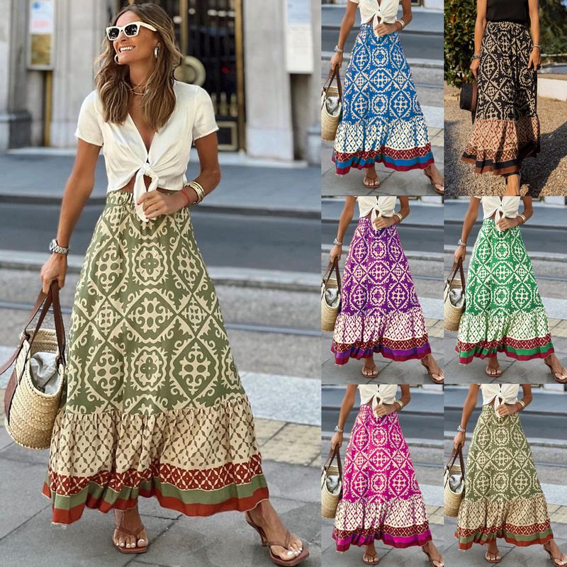 Summer Vacation Printing Polyester Maxi Long Dress Skirts