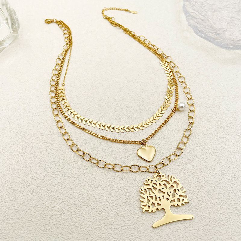 304 Stainless Steel 14K Gold Plated Vintage Style French Style Layered Plating Hollow Out Tree Heart Shape Pearl Layered Necklaces