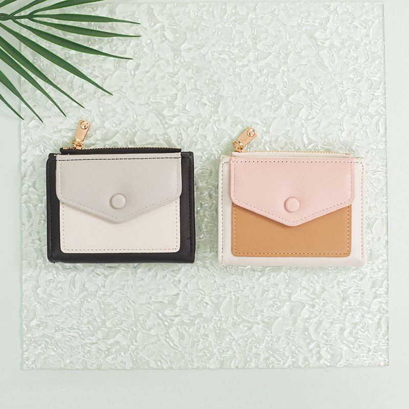Women's Color Block Pu Leather Zipper Buckle Wallets